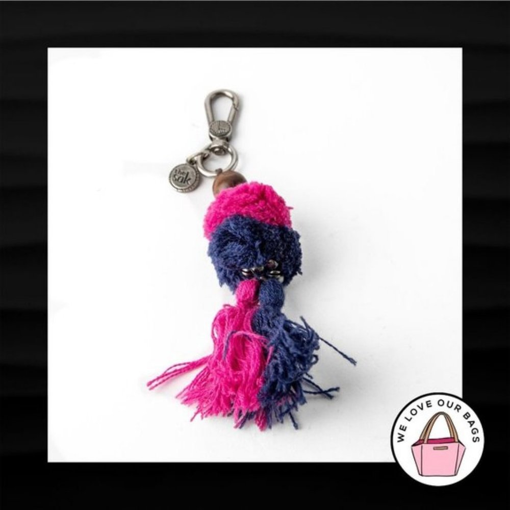 THE SAK POM POM PUFF TASSEL WOOD BEAD SILVER METAL